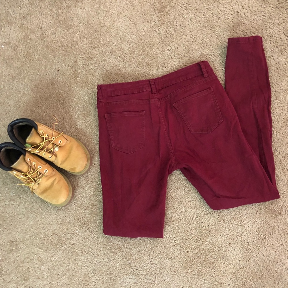5/25💥Red high-waisted distressed jeans dark red